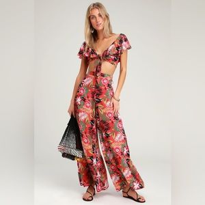 LULU’S Passport to Paradise Coral Red Tropical Print Two-Piece Jumpsuit XS